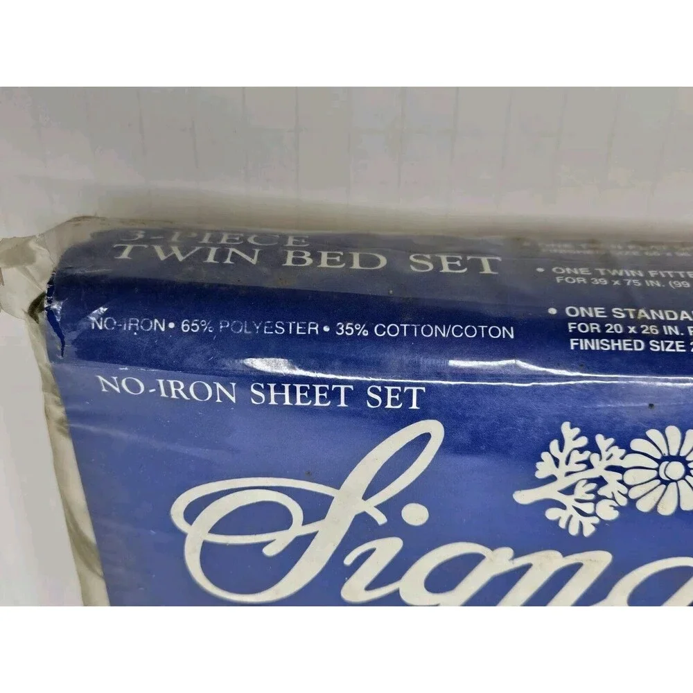 Vtg Signature 3-Piece Twin Size Sheet Set Blue & Green Floral Polyester/Cotton
